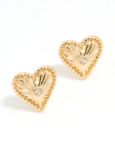 Gold Heart Diamante Stud Earrings