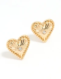 Gold Heart Diamante Stud Earrings