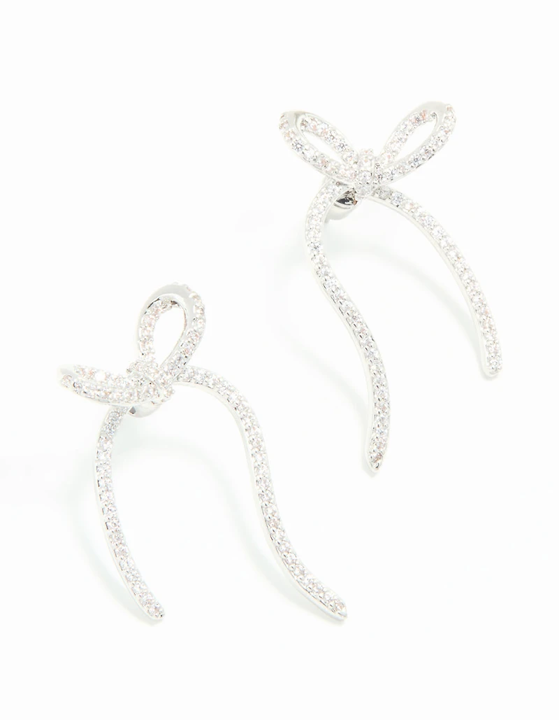 Silver Cubic Zirconia Dainty Ribbon Stud Earrings