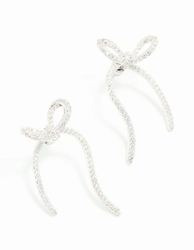 Silver Cubic Zirconia Dainty Ribbon Stud Earrings