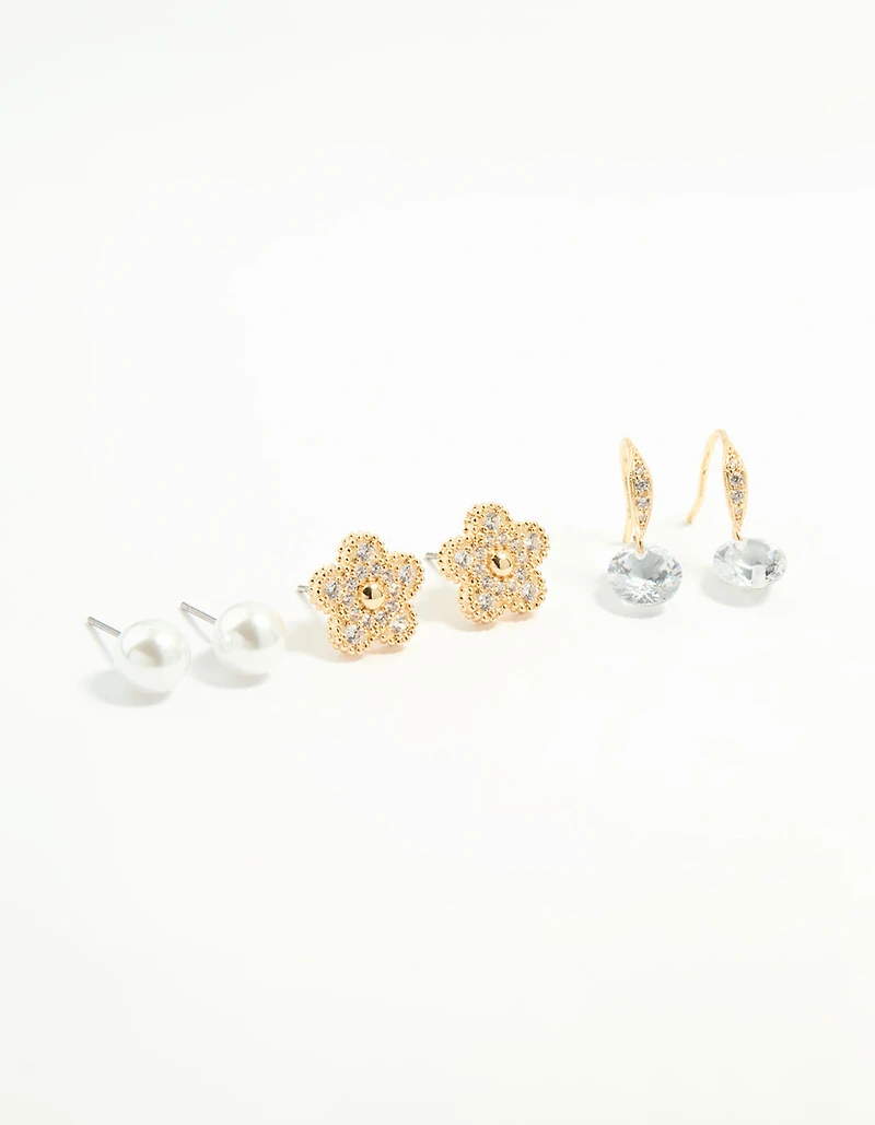 Gold Cubic Zirconia & Pearl Earrings 3-Pack