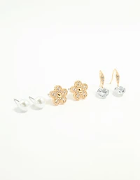Gold Cubic Zirconia & Pearl Earrings 3-Pack