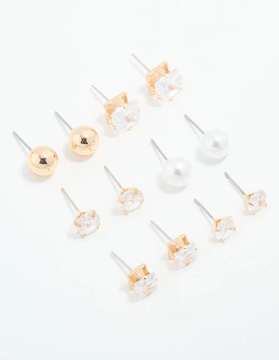 Gold Cubic Zirconia & Pearl Mixed Stud Earrings 6-Pack