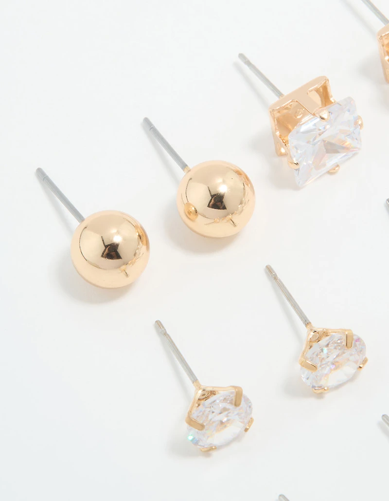 Gold Cubic Zirconia & Pearl Mixed Stud Earrings 6-Pack