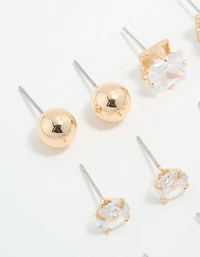 Gold Cubic Zirconia & Pearl Mixed Stud Earrings 6-Pack