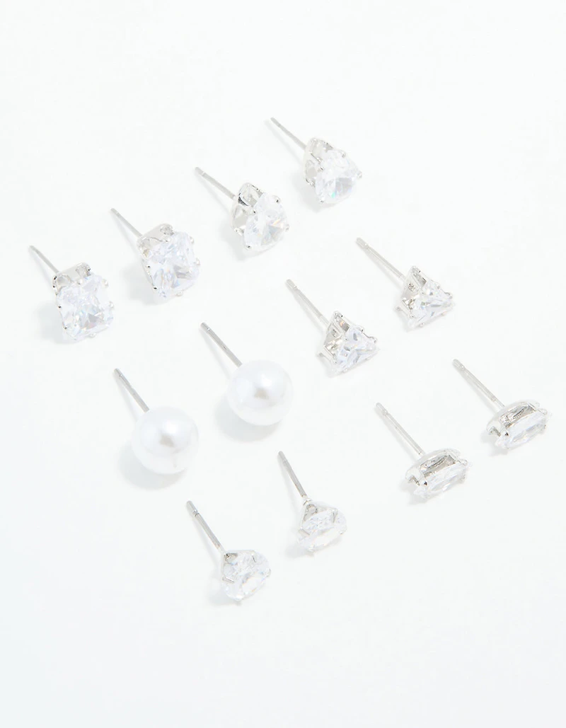 Silver Cubic Zirconia & Pearl Mixed Stud Earrings 6-Pack