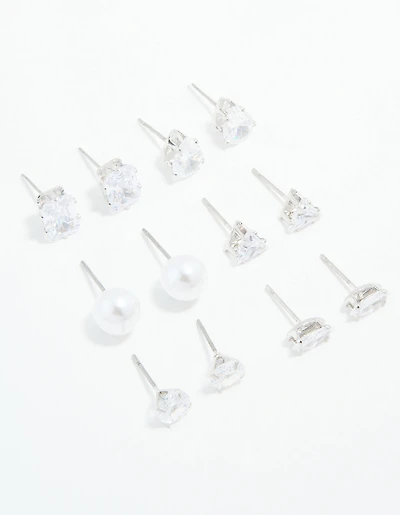 Silver Cubic Zirconia & Pearl Mixed Stud Earrings 6-Pack