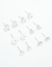 Silver Cubic Zirconia & Pearl Mixed Stud Earrings 6-Pack