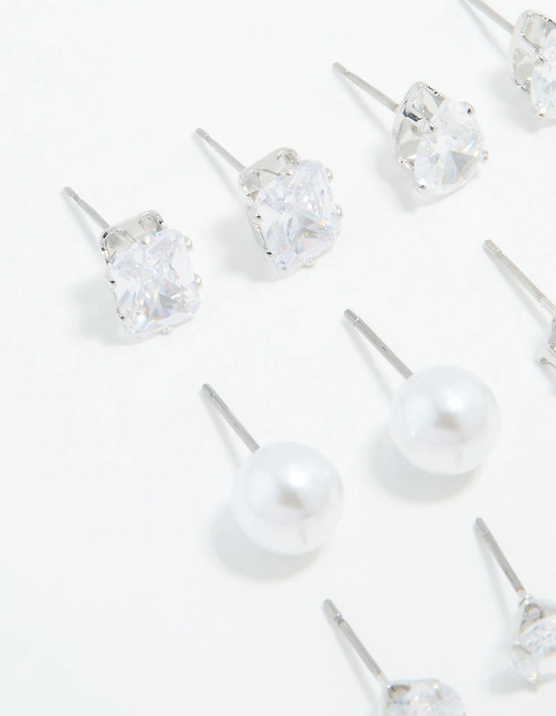 Silver Cubic Zirconia & Pearl Mixed Stud Earrings 6-Pack