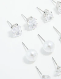 Silver Cubic Zirconia & Pearl Mixed Stud Earrings 6-Pack