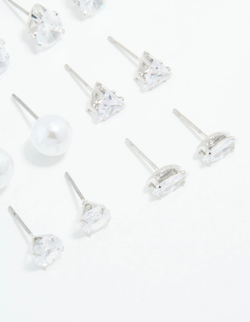 Silver Cubic Zirconia & Pearl Mixed Stud Earrings 6-Pack
