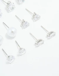 Silver Cubic Zirconia & Pearl Mixed Stud Earrings 6-Pack