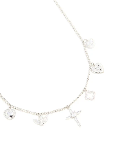 Silver Cubic Zirconia Cross & Heart Charm Necklace