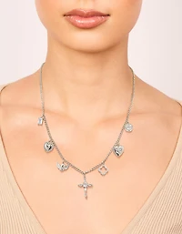 Silver Cubic Zirconia Cross & Heart Charm Necklace