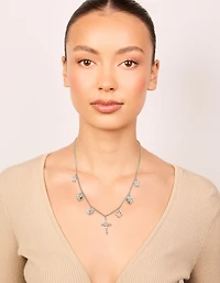 Silver Cubic Zirconia Cross & Heart Charm Necklace