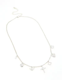 Silver Cubic Zirconia Cross & Heart Charm Necklace