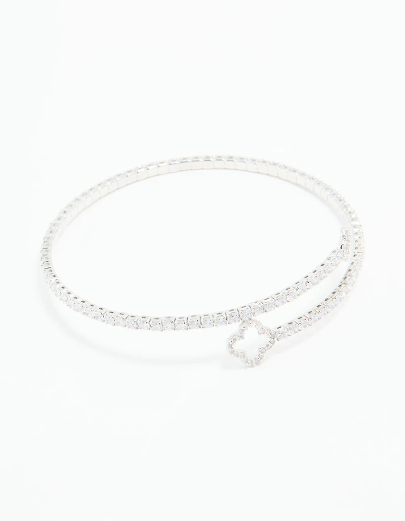 Silver Cubic Zirconia Open Floral Bangle
