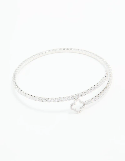 Silver Cubic Zirconia Open Floral Bangle