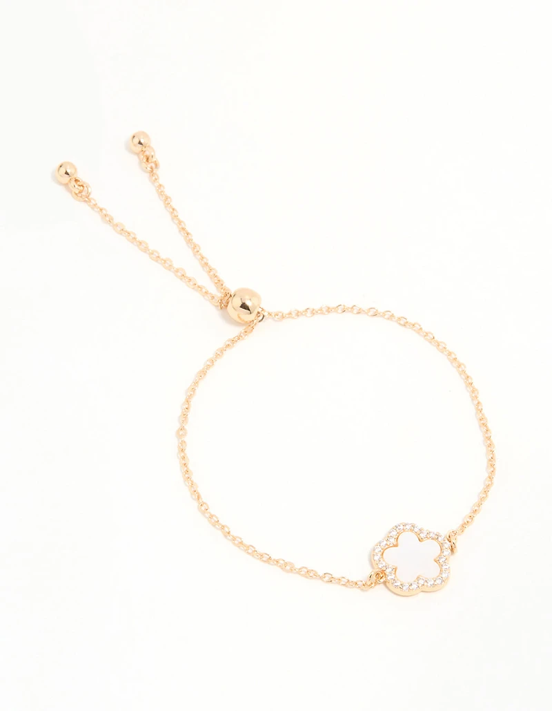 Gold Cubic Zirconia Pink Flower Toggle Bracelet