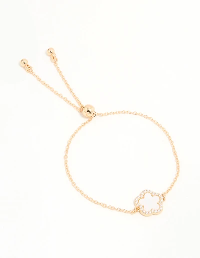 Gold Cubic Zirconia Pink Flower Toggle Bracelet