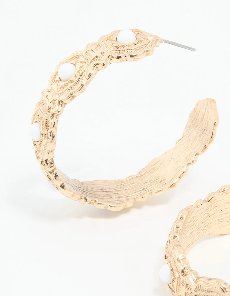 Gold Pearl Textured Hoop Earrings