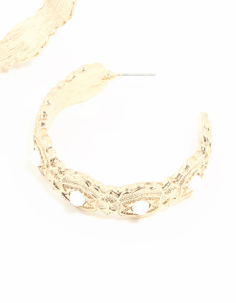 Gold Pearl Textured Hoop Earrings