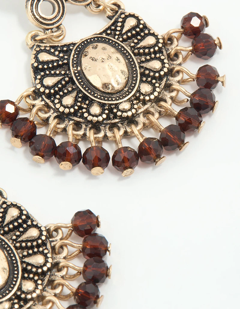 Gold Brown Beaded Drop Earrings