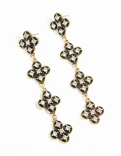 Antique Gold Diamante Black Flower Drop Earrings