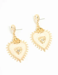 Gold Enamel Heart Rose & Evil Eye Drop Earrings