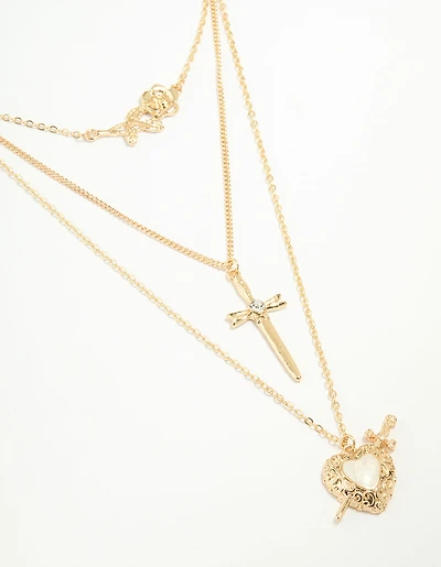 Gold Enamel Heart Rose & Cross Layered Necklace