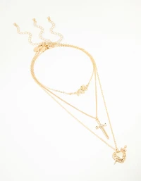 Gold Enamel Heart Rose & Cross Layered Necklace