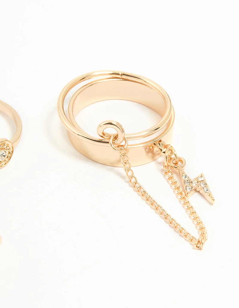 Gold Wavy & Chain Rings 4- Pack
