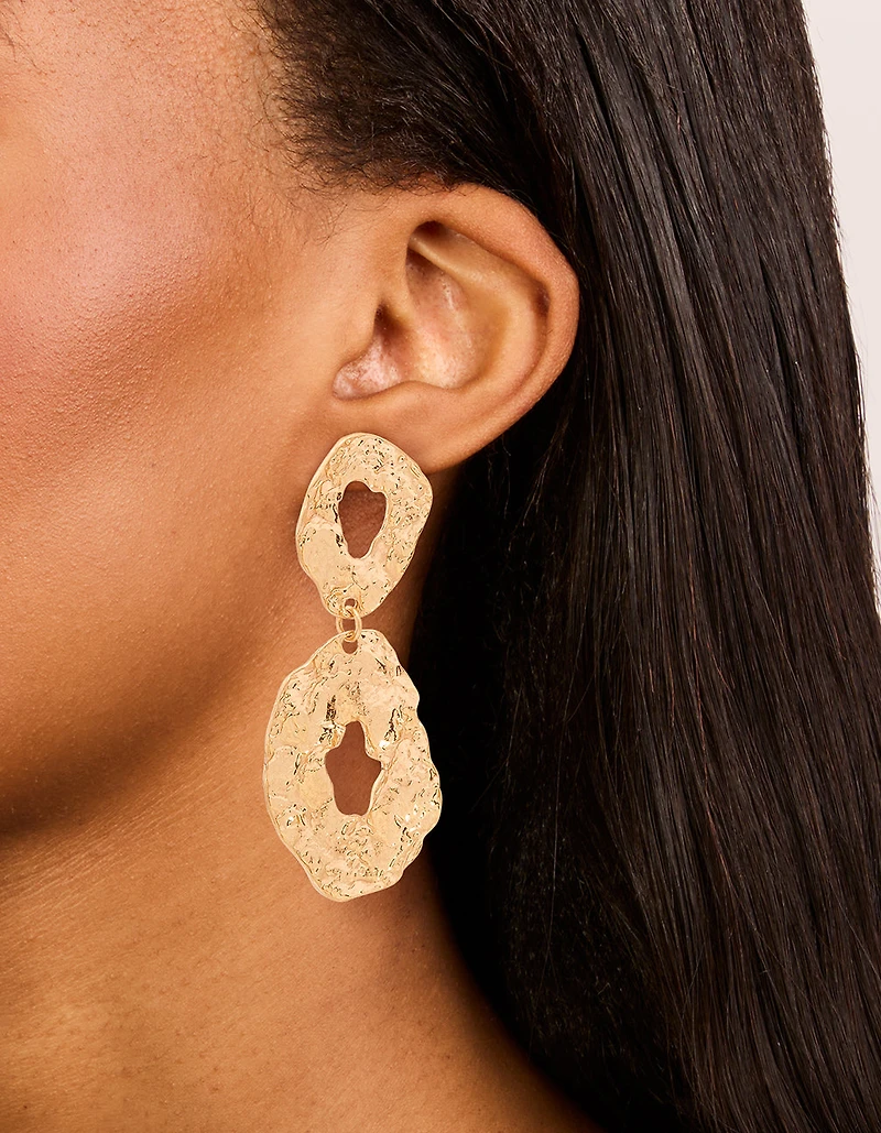 Gold Hammered Circle Drop Earrings