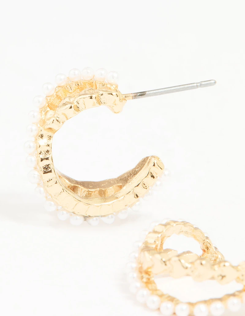 Gold Pearl Twisted Mini Huggie Earrings