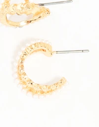 Gold Pearl Twisted Mini Huggie Earrings