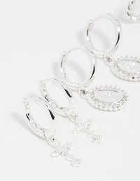 Silver Diamante Cross Huggie Earrings 3-Pack