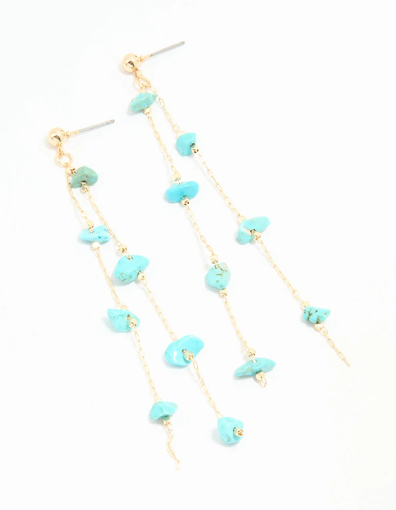 Gold Blue Semi Precious Stone Statement Chain Drop Earrings