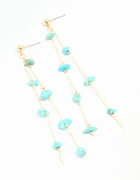 Gold Blue Semi Precious Stone Statement Chain Drop Earrings