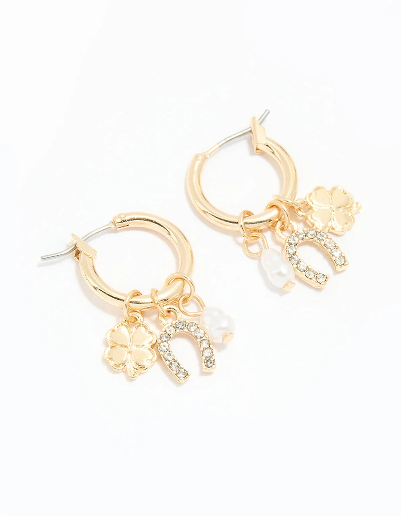 Gold Diamante Horseshoe & Clover Huggie Earrings