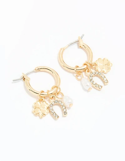 Gold Diamante Horseshoe & Clover Huggie Earrings
