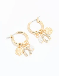 Gold Diamante Horseshoe & Clover Huggie Earrings