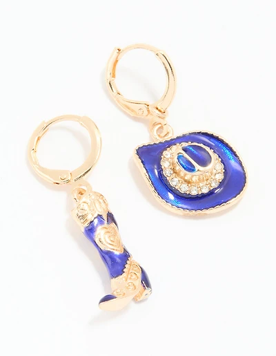 Boucles d’oreilles Huggie Cowgirl Mixed Gold Blue Enamel