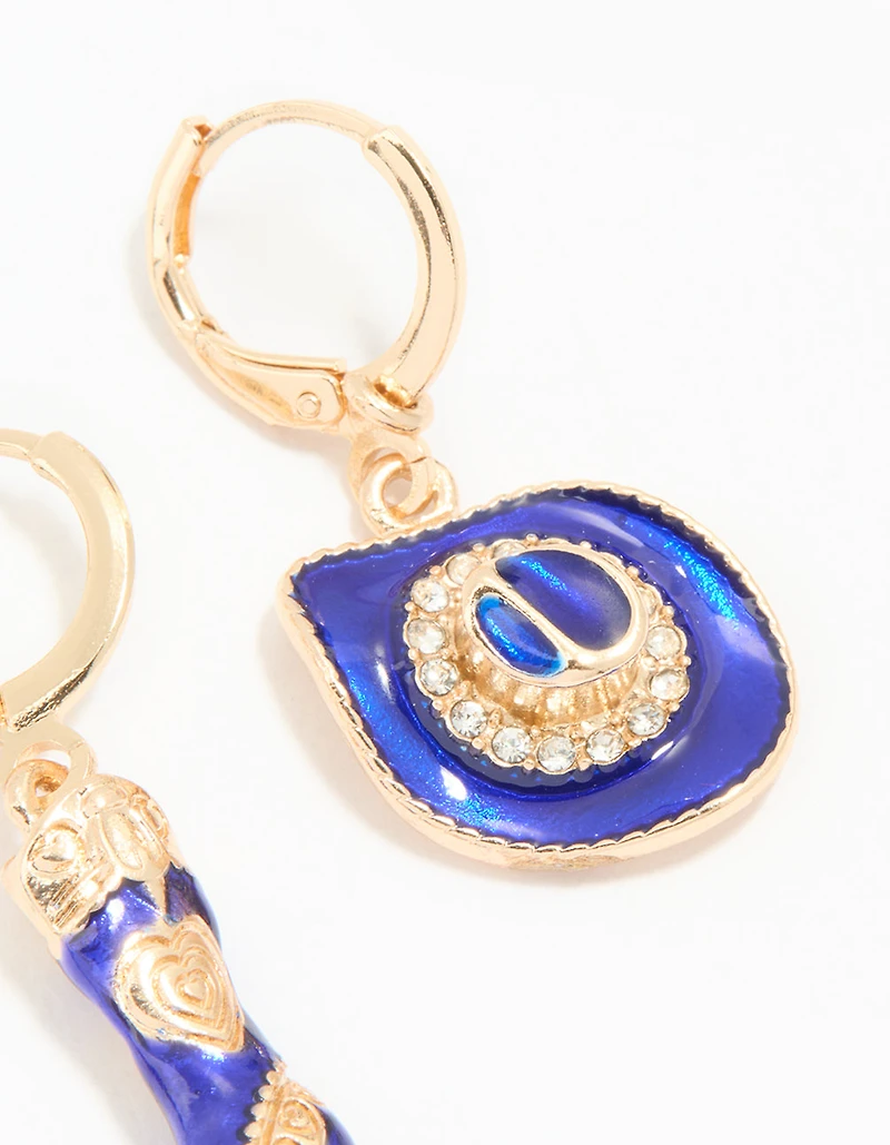 Gold Blue Enamel Mixed Cowgirl Huggie Earrings