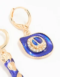 Gold Blue Enamel Mixed Cowgirl Huggie Earrings
