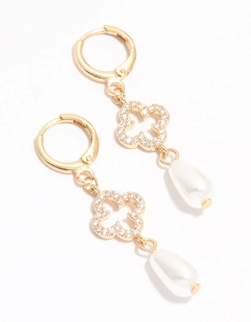 Gold Diamante Pearl Floral Huggie Earrings