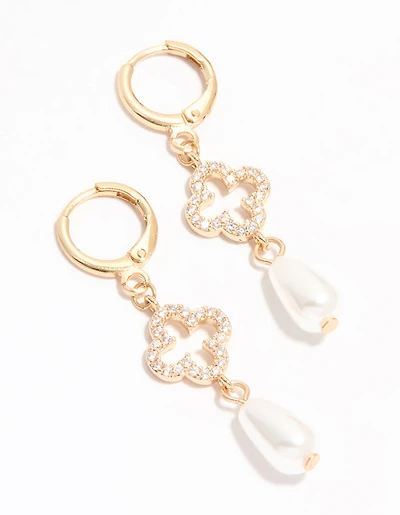 Gold Diamante Pearl Floral Huggie Earrings