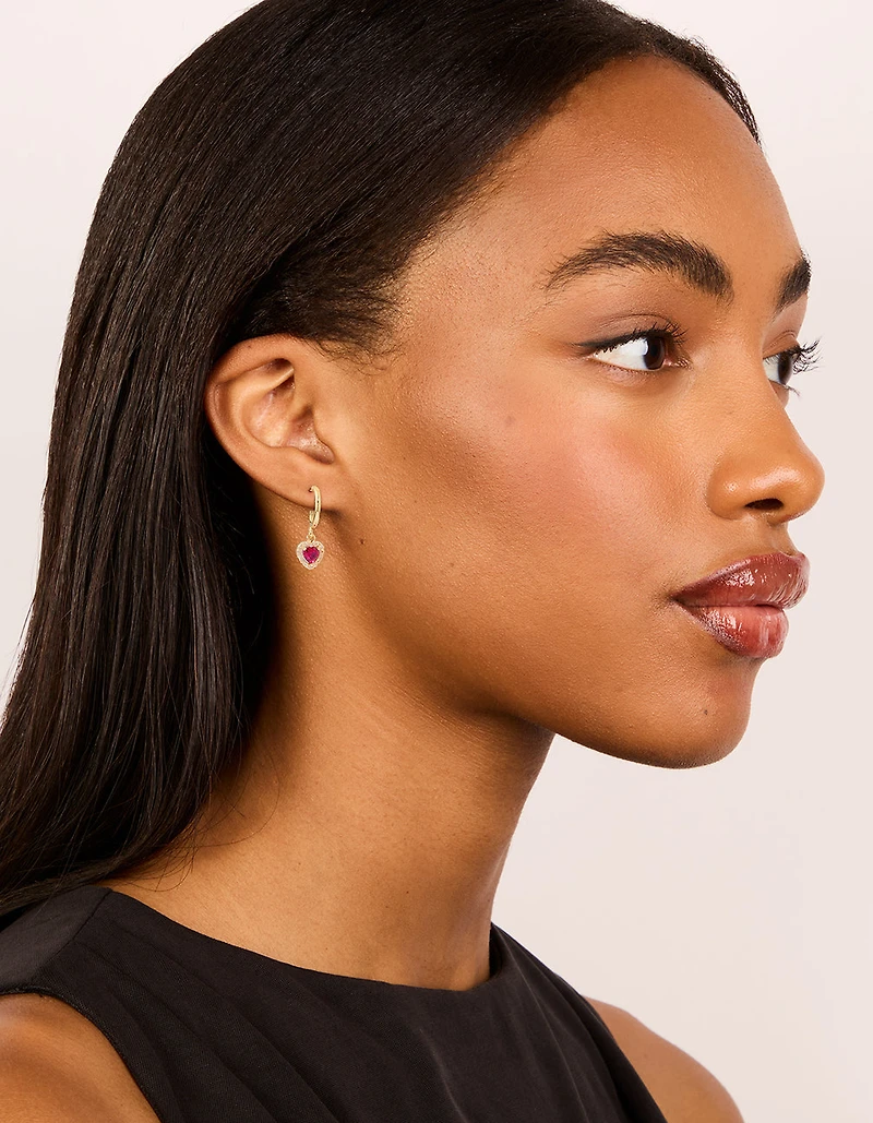 Gold Pink Cubic Zirconia Encased Heart Huggie Earrings