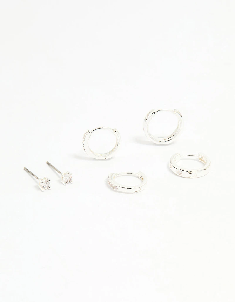 Silver Cubic Zirconia Celestial & Classic Huggie Earrings 3-Pack