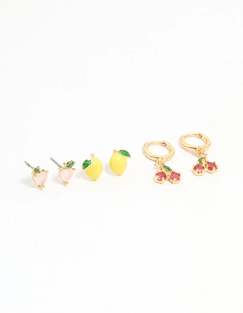 Gold Enamel Mixed Fruit Stud Earrings 3-Pack