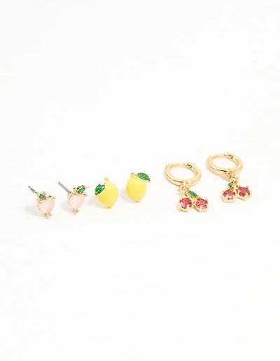 Gold Enamel Mixed Fruit Stud Earrings 3-Pack